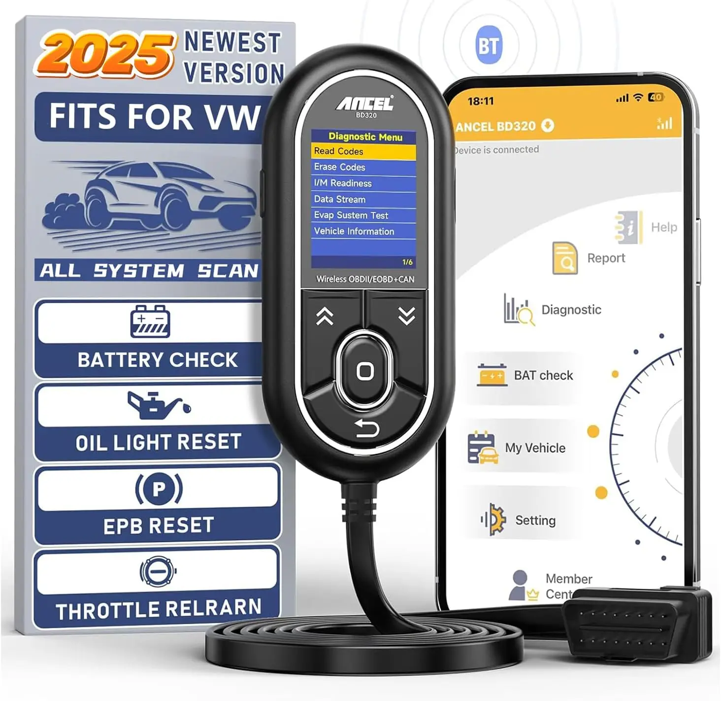 

BD320 OBD2 Scanner for VW Audi Skoda Seat – All System Diagnostic Tool with EPB/Throttle/Oil Reset, Bluetooth & Wired 2-in-1, Ch