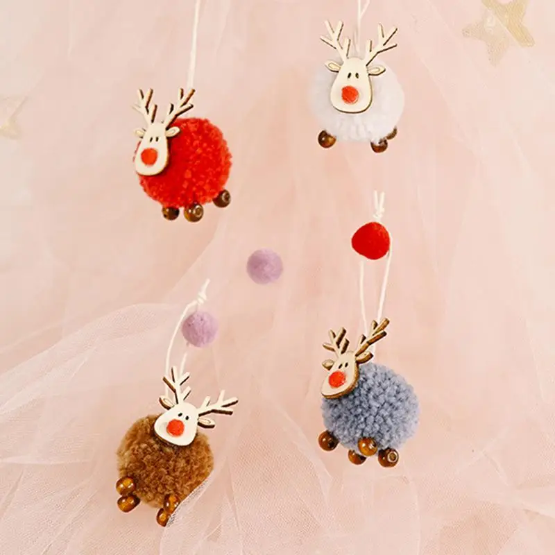 Deer Ornaments For Christmas Tree Soft Reindeer Plush Doll Christmas Antler Pendant Wooden Animal Ornaments Deer Christmas Decor