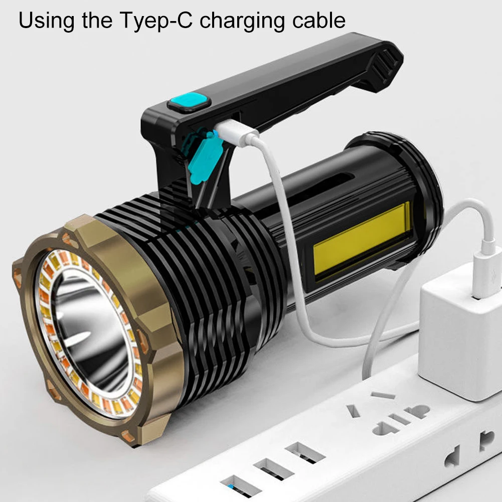 Linterna LED de alta potencia, potente linterna recargable por USB, lámpara portátil de mano para exteriores, batería integrada, COB, 8 modos