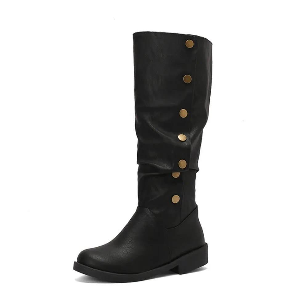 

Knee High Boots Women Fashion Hidden Button Pleated Autumn Winter Party Dress Casual Twice Girls Long Boots Big Size 48 D-7