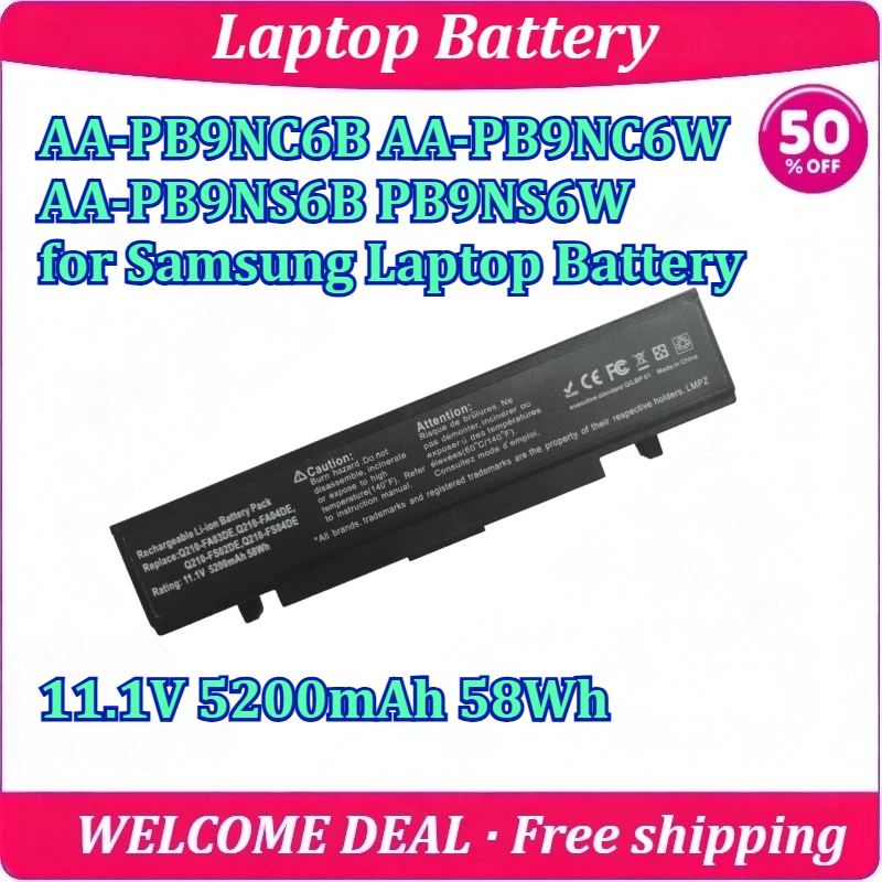 

New for AA-PB9NC6B AA-PB9NC6W AA-PB9NS6B PB9NS6W for Samsung Laptop Battery 11.1V 5200mAh 58Wh High Capacity Lithium Battery