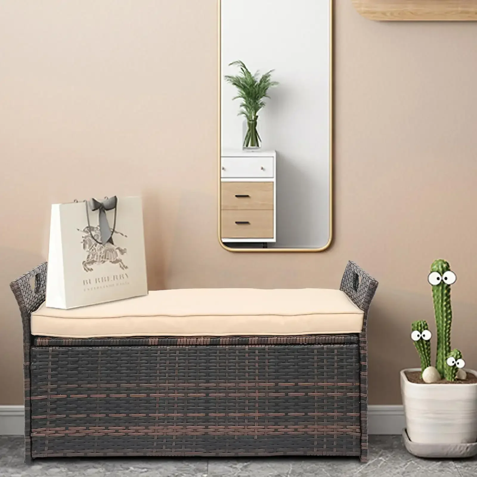 

Outdoor Storage Box Patio Wicker Deck Bench Storage, Rattan Bench, Container for Outdoor Indoor Brown