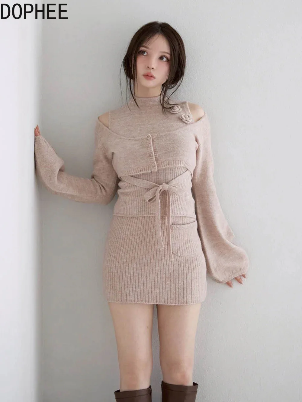 

Japanese Elegant Lady Three-piece Set Single-breasted Long Sleeve Crop Cardigans Knitted Sleeveless Sweater Vests A-line Skirt