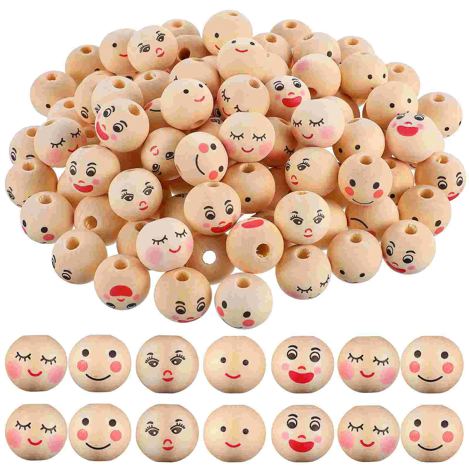 100 Pcs Round Face Beads Pieces Natural Wooden 20mm Decor Chiristmas Tree Garland Craft Smiling Face Loose For Bracelets