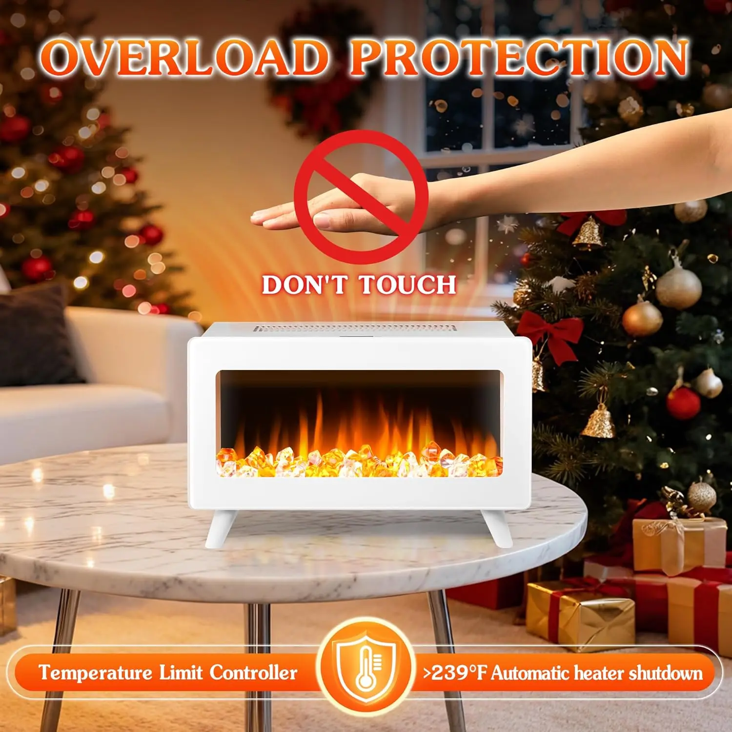 دفاية كهربائية 16 بوصة مع لهب ثلاثي الأبعاد، سخان مساحة داخلي بالأشعة تحت الحمراء، 1500 وات، حماية من الحرارة الزائدة (أبيض) #5