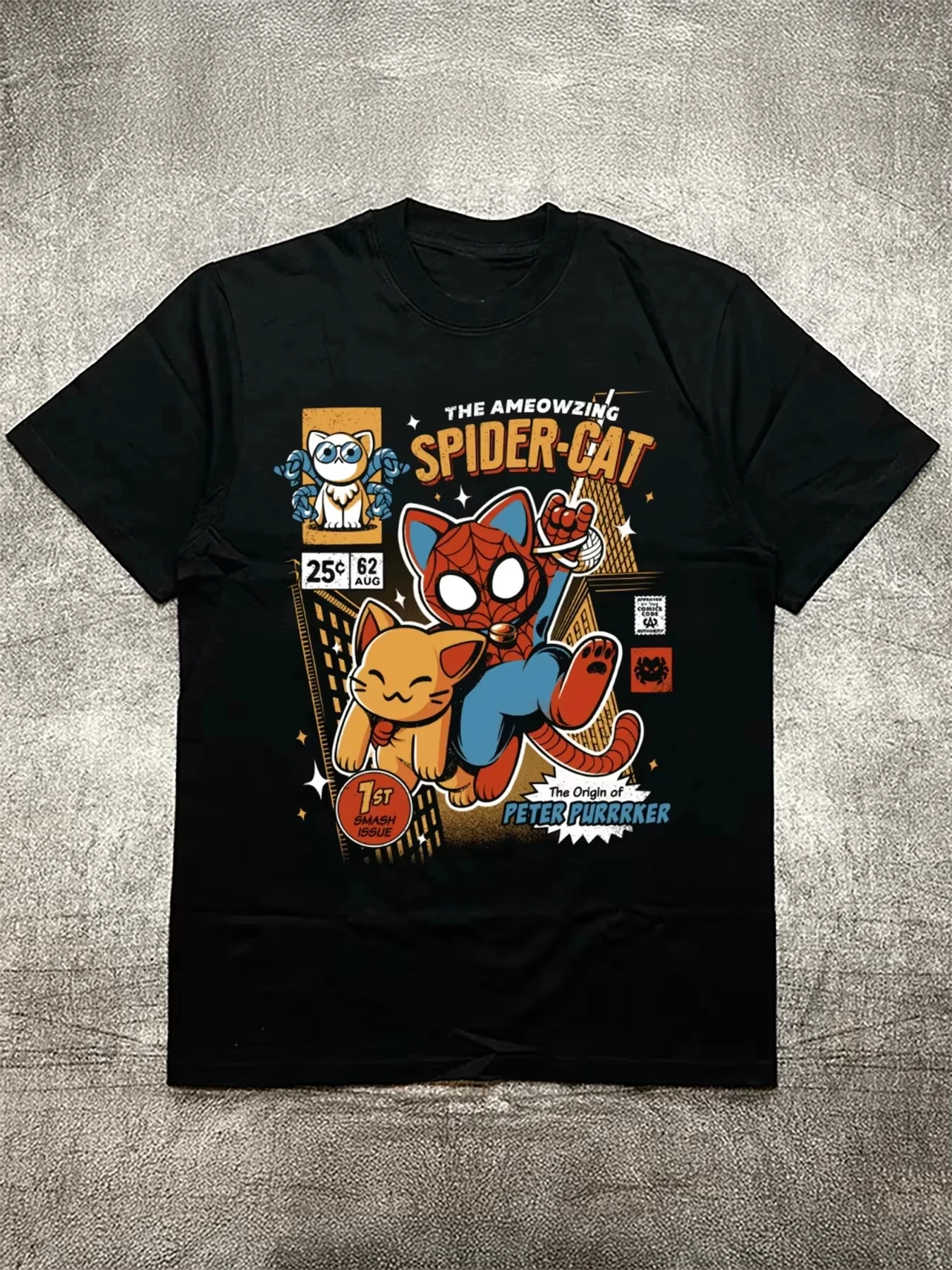 

Motorcycle Spider cat fun print pure cotton loose large size men's black short-sleeved T-shirt casual and comfortable