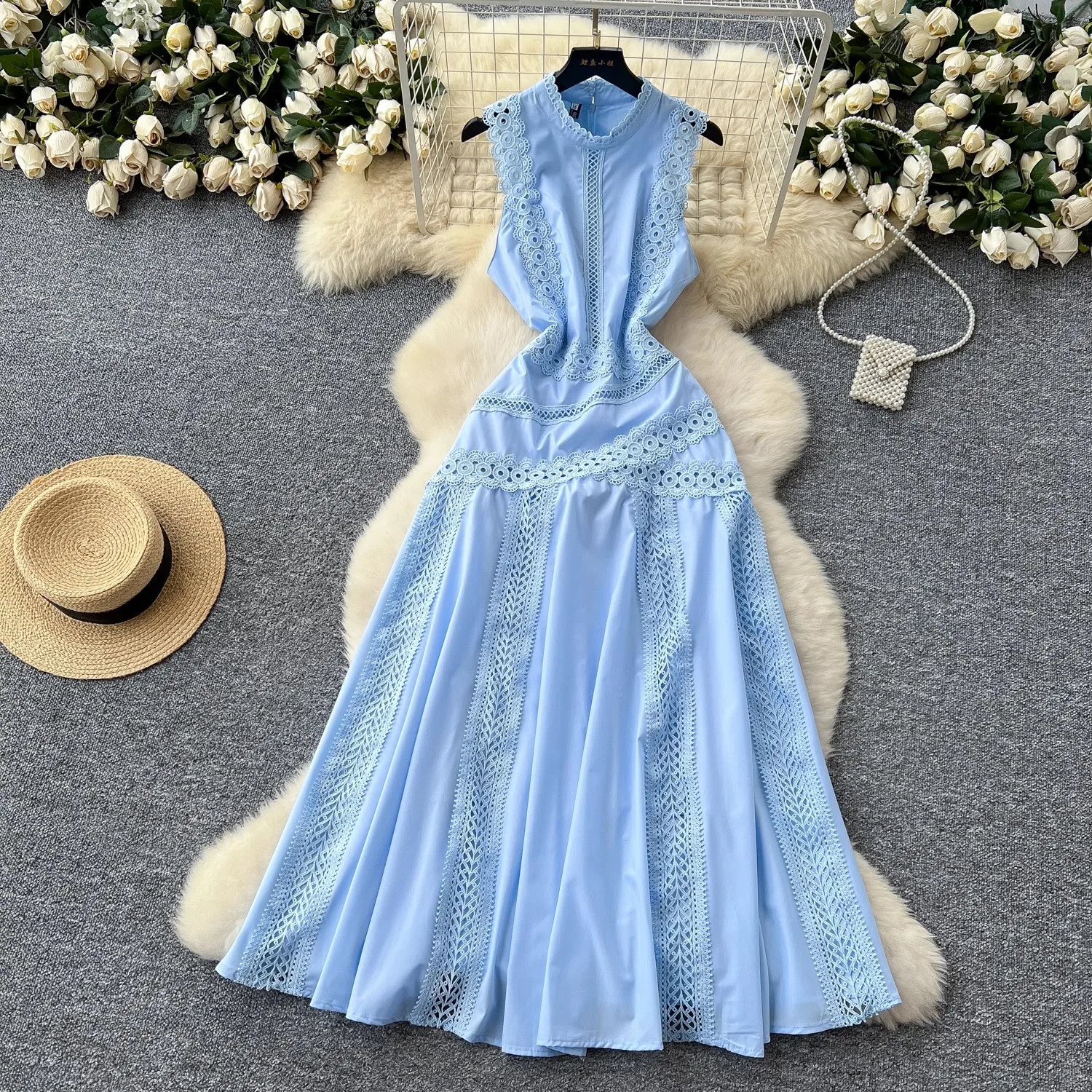 

Women's Summer Holiday Sleeveless Crochet Hollow out Splice Tank Long Dress Stand Collar Back Zipper Holiday Beach Party Dress
