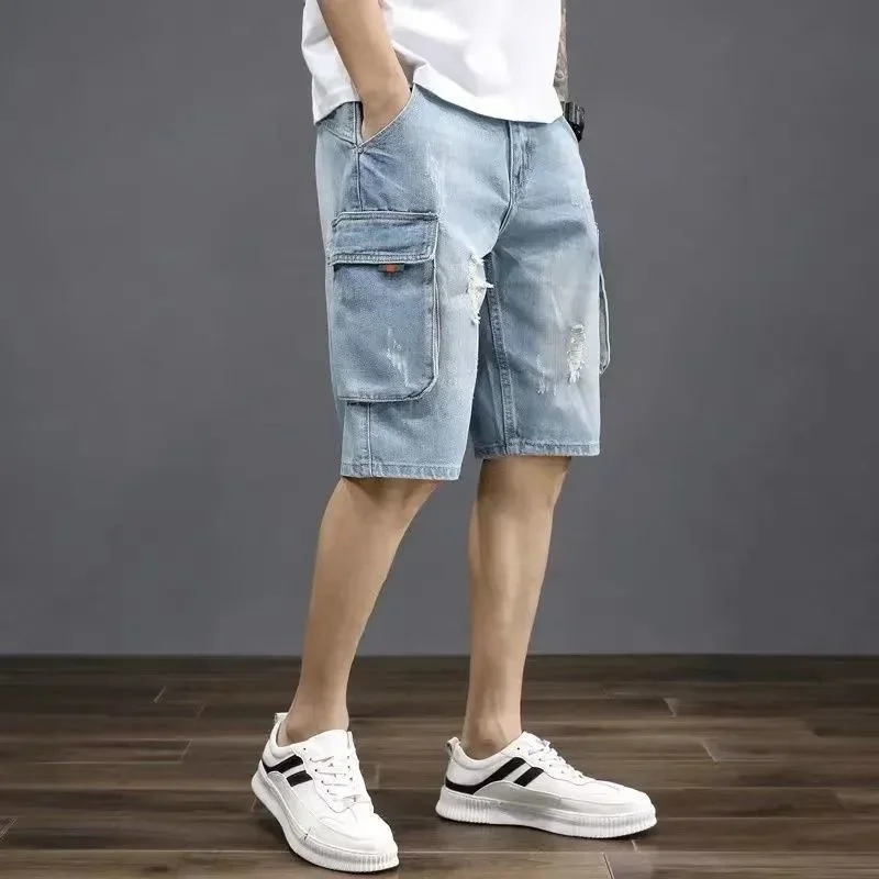 Male Denim Shorts Half Men\'s Short Jeans Pants Long with Pockets Ripped Knee Length Vintage Korean Fashion Thin Harajuku Luxury