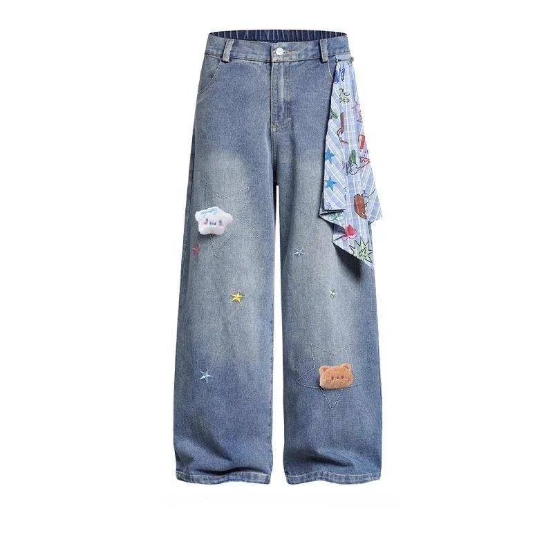 

Men's Mid-Waist Straight Leg Jeans Embroidered Bear Distred Wide Leg Pants Autumn Winter Large Size Design Sense