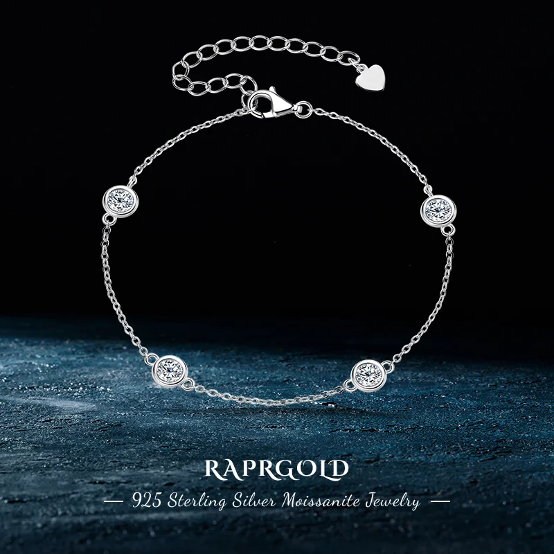 

RAPRGOLD D VVS1 Round Cut Moissanite Bracelet for Women s925 Sterling Silver Bracelets Chain Wedding Fine Jewelry Gifts pulseras