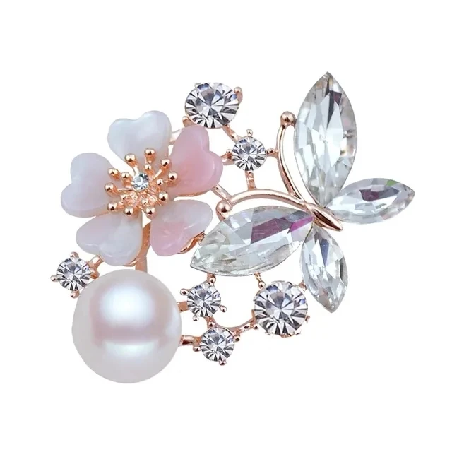 High-grade Crystal Butterfly Flower Brooch Female Pearl Pin Suit Accessories Clothing Accessories