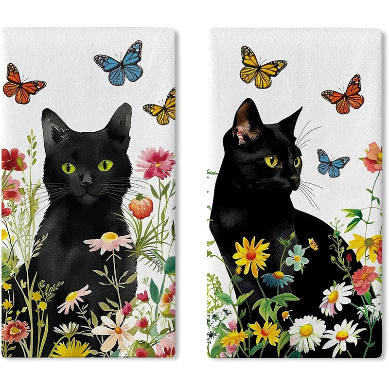 2er-Pack Schwarze Katze Gänseblümchen Schmetterling Haushaltsreinigungstücher, Scheuerschwamm, Geschirrtuch, Teetuch, Tischset, zum Waschen und Trocknen von Haushaltsgegenständen, weiches, saugfähiges