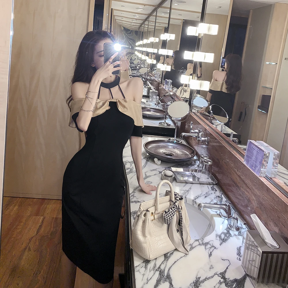 French Niche Light Luxury Ladies High-End Halter Dress Sexy Off Shoulder Design Western Style Slim Bag Hip Dresses s280