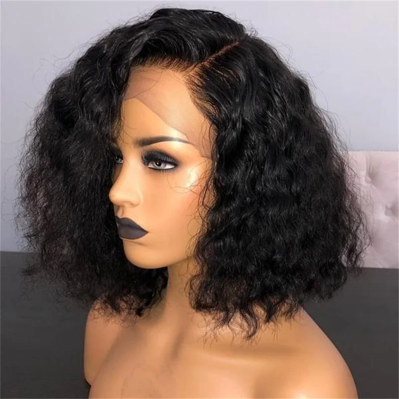 

Short Soft Long 16" 180Density Natural Black Kinky Curly Glueless Baby Hair Lace Front Wig For Women With Preplucked Daily Wigs