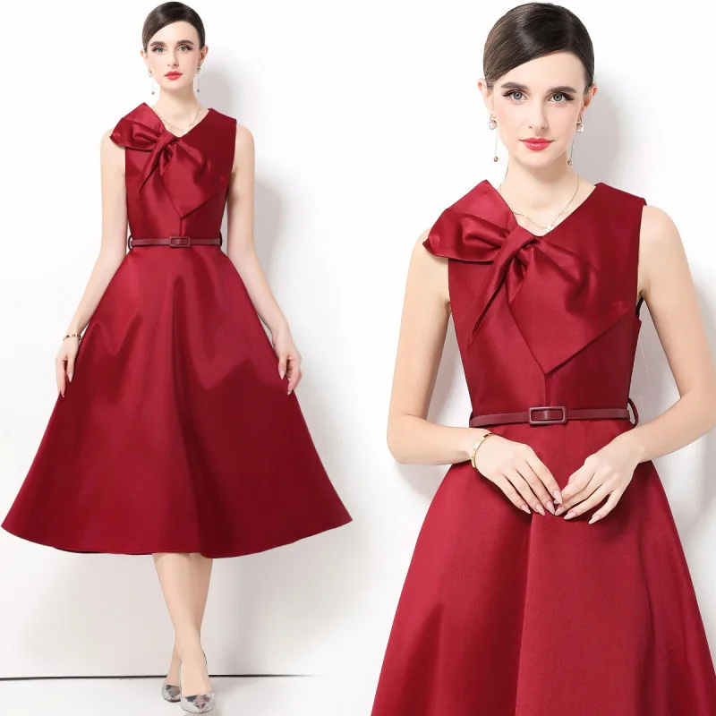 Vestido maxi retro con cuello en V, lazo grande en la cintura, sin mangas, falda acampanada, cintura alta, estilo urbano, ves...