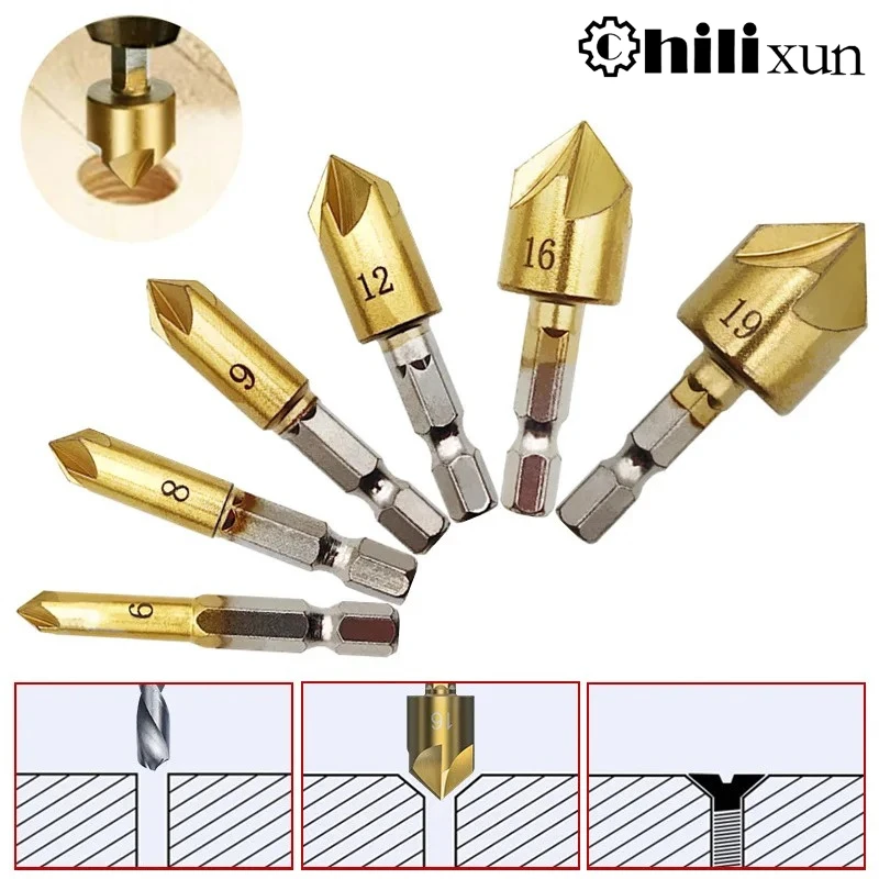 

Набор из 6 зенкеров с шестигранным хвостовиком 1/4'' HSS, 5-зубчатые, 90 градусов, для снятия фаски с дерева, 6-19 мм, для сверления по дереву