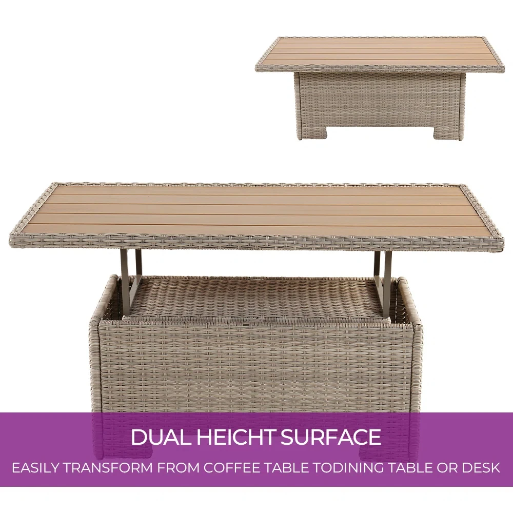 طاولة طعام للقهوة في الهواء الطلق، سطح رفع قابل للتعديل، أثاث من الخوص، طاولة طعام متعددة الوظائف