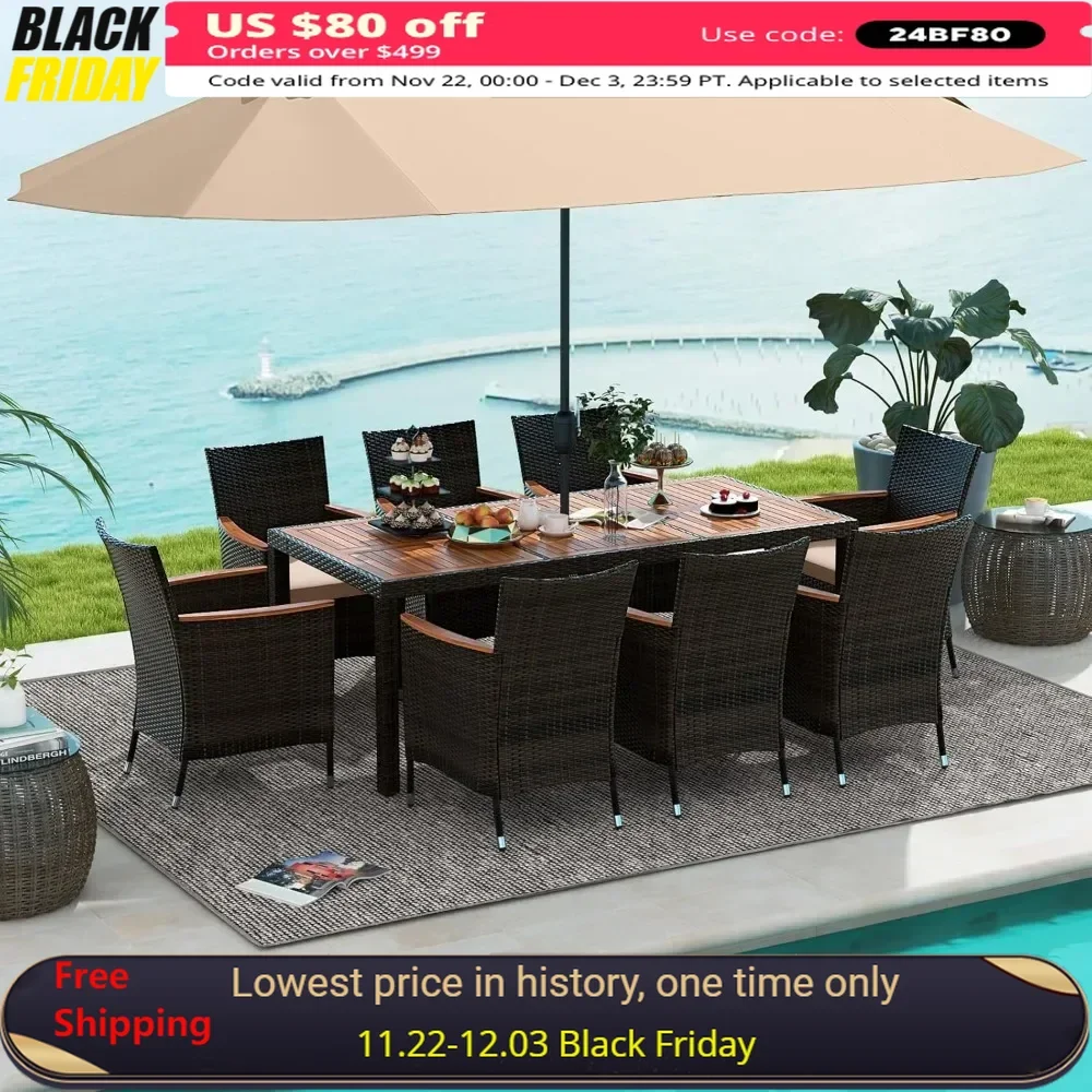 10 Piece Outdoor Tables Set with 15Ft Double-Sided Umbrella,Umbrella with Weighted Base, Patio Heavy Duty Rattan Tables