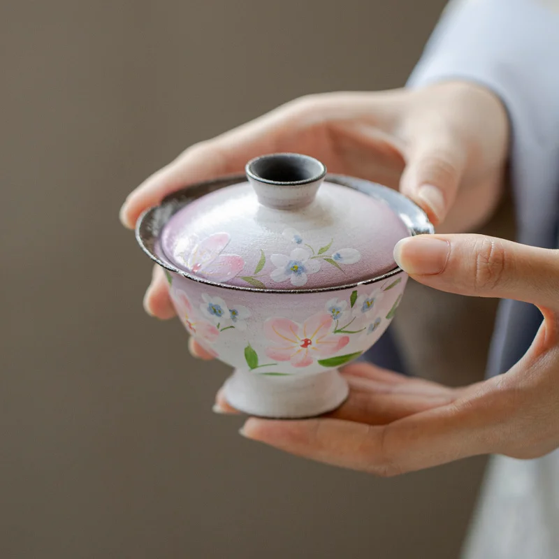 Hand-Painted Pink Spring Flower Japanese Style Household Gaiwan Kung Fu Set Coarse Pottery High Foot Imitation Hot Tea Bowl