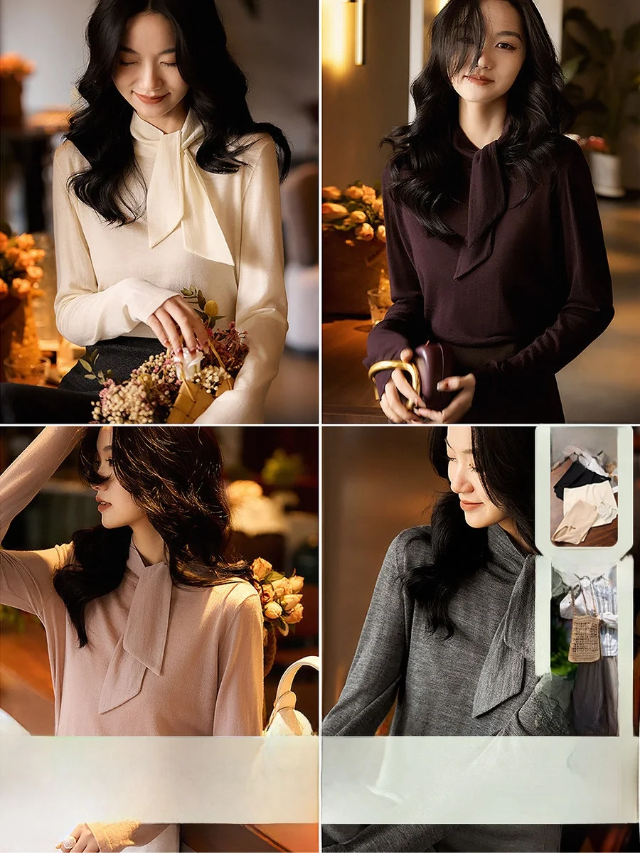 

Вязаный шерстяной топ с длинными рукавами и бантом, мягкий, теплый, с высоким воротником, женский модный зимний базовый свитер-гольф