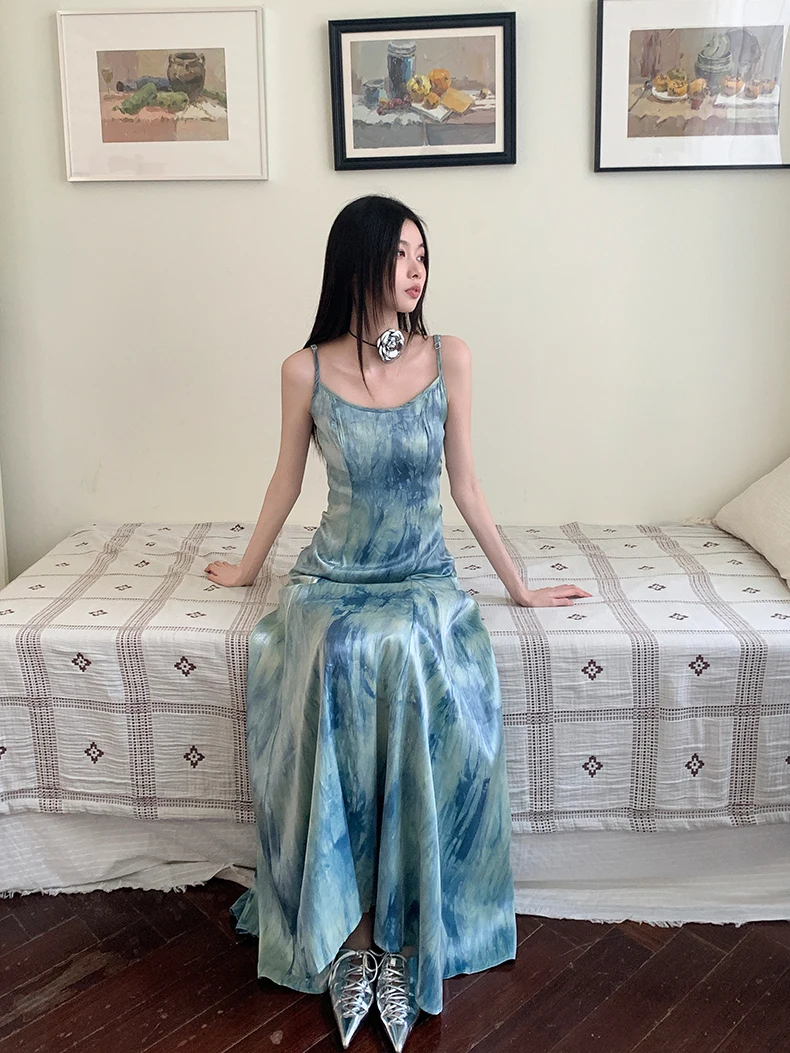 CHEERART Tie Dye Blue Backless Long Slip Dress Women 2024 Vacation Clothes Tunics A Line Holiday Maxi Dress Summer