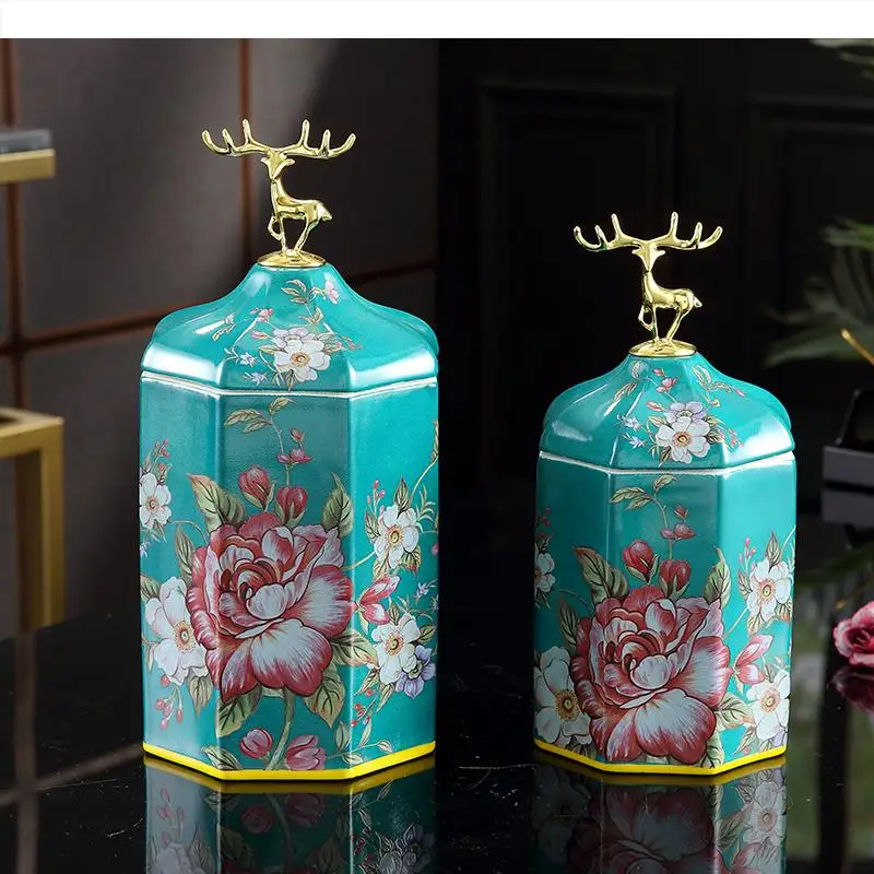 Ceramic Storage Deer Cover Tea Tin Sealed Jar Moisture-proof Caddy Decorative Organizer Ashtray Crafts