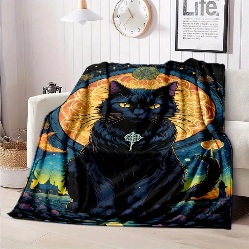 Cozy Black Cat Pattern Throw Blanket - Soft Flannel, Tear-Resistant, All-Season Comfort for Sofa, Bed, Office, and Travel