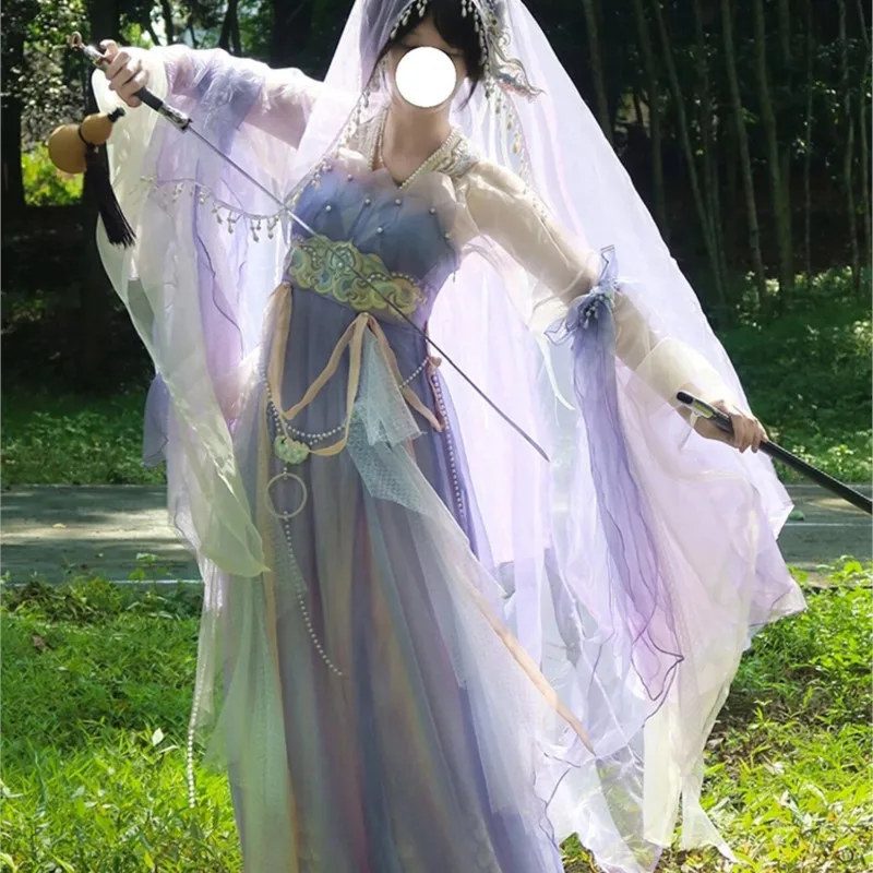 Bordado manga grande ru azul roxo fada Hanfu novo estilo