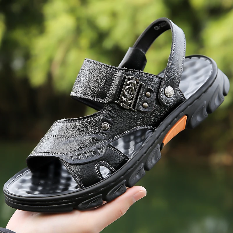 Men's Summer Sandals Top Layer Cowhide Comfortable Anti-Slip Beach Shoes Trendy Two-Way Wear Slip-On Slippers-2037