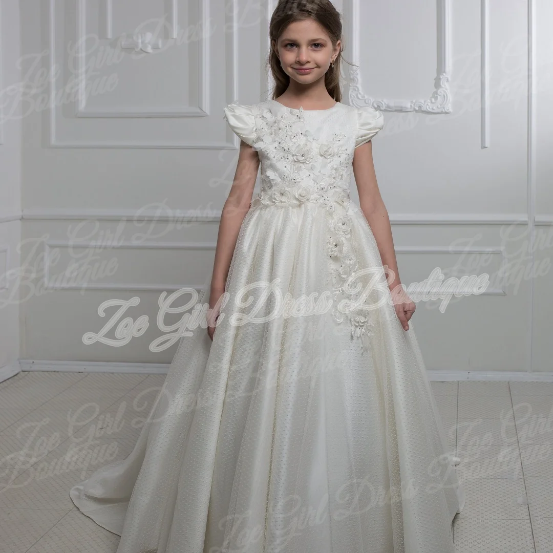 White Tulle Wedding Children Pageant Gowns Princess Sleeves Holy Communion Flower Girl Dresses Customized For Birthday Parties