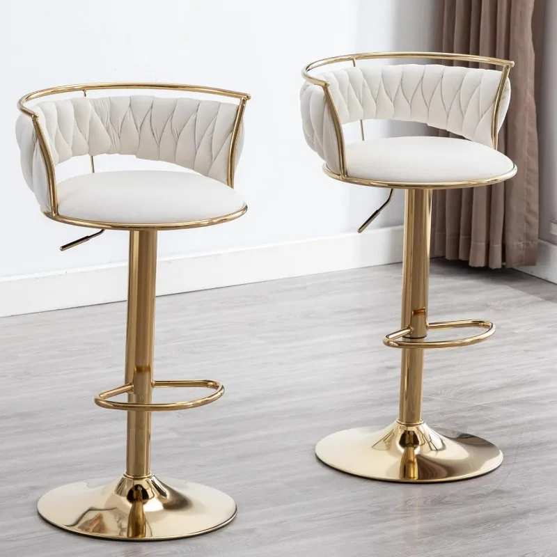 

Modern Velvet Adjustable Barstools Set of 2, 360° Swivel Counter Stools with Golden Base Upholstered Open Back Tall Bar Chairs