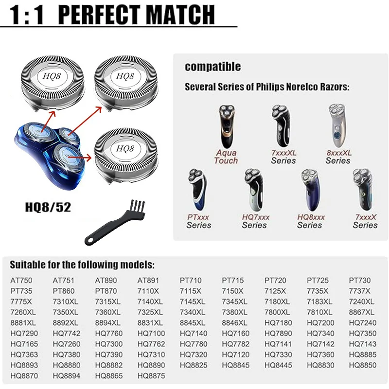 3/6PC HQ8 Replacement Shaver Heads Blades Compatible with Philips Norelco Aquatec PT720 PT730 AT810 AT815 AT830 AT880 - 3pcs
