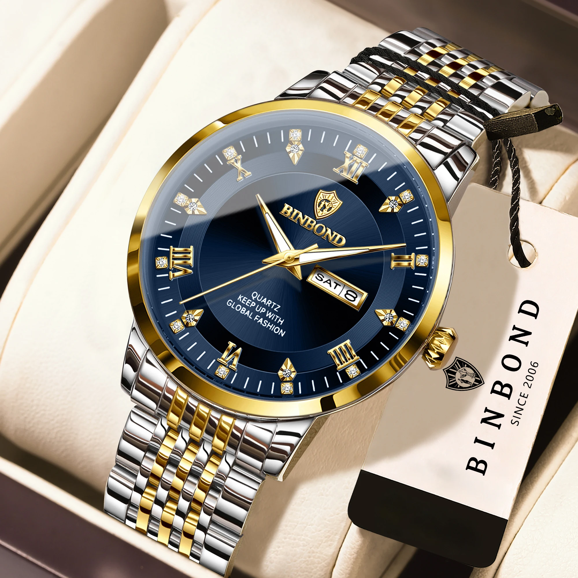 BINBOND Watches for Man Luxury Week Display Auto Date Luminous 3AT Stainless Steel Bracelet Hardlex B3815 Quartz Wristwatches