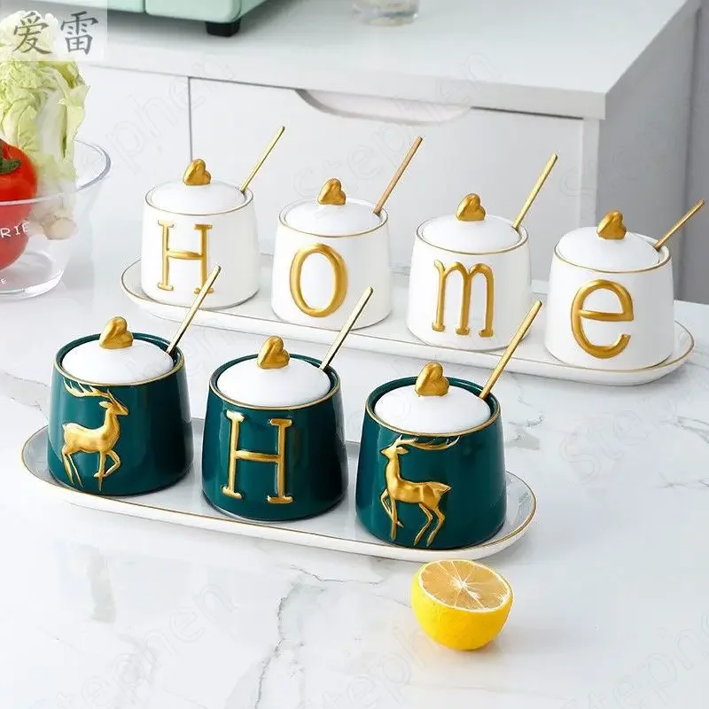 Golden Deer Relief Craft Seasoning Organizer European Modern Four-piece Set Canister Golden Stroke Canister Set Kitchen Storage