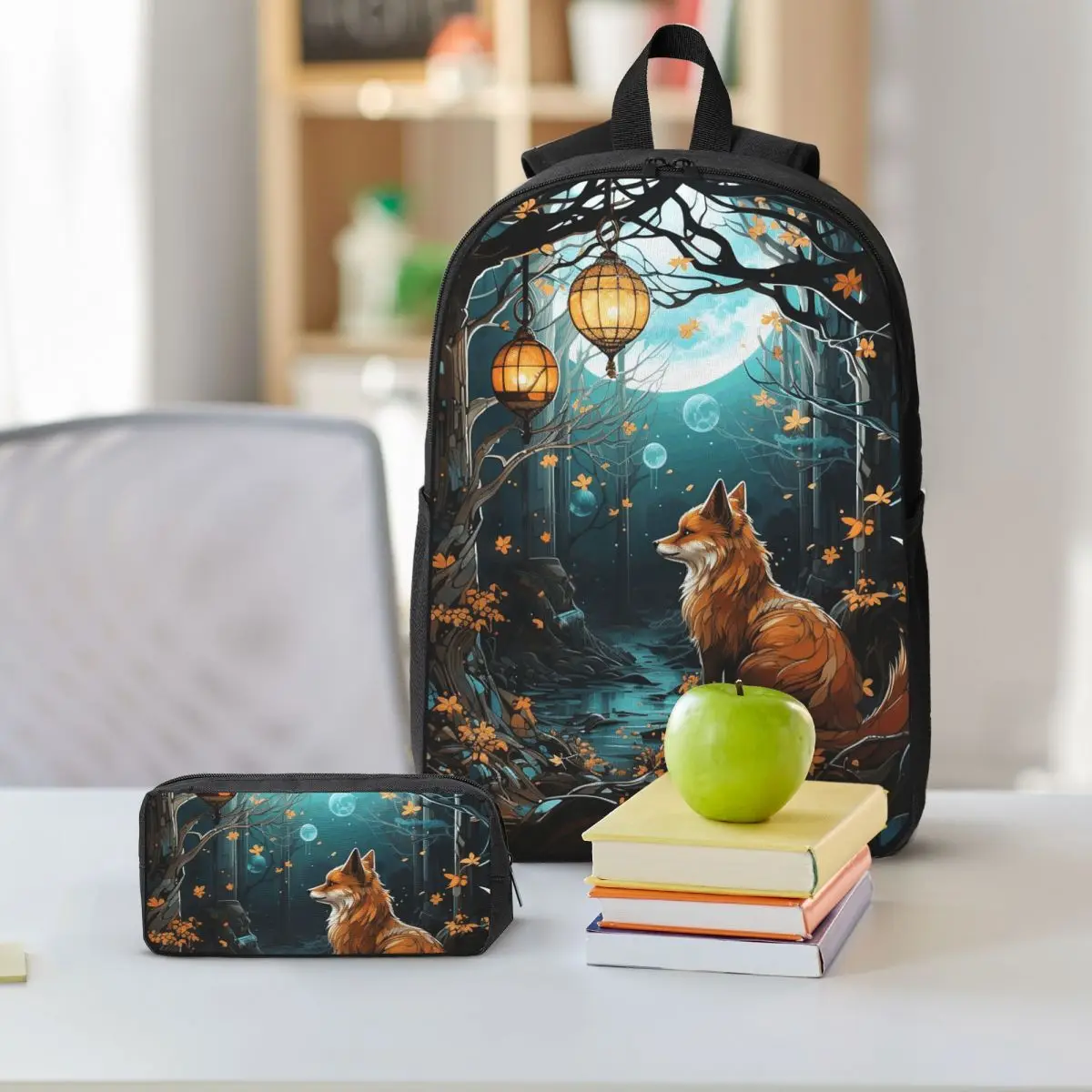 Enchanted Woodland Fox Moonlit Night Backpack Boys Girls BookBag School Bag Shoulder Bags 3ps Insulated Lunch Bag Pencil Case