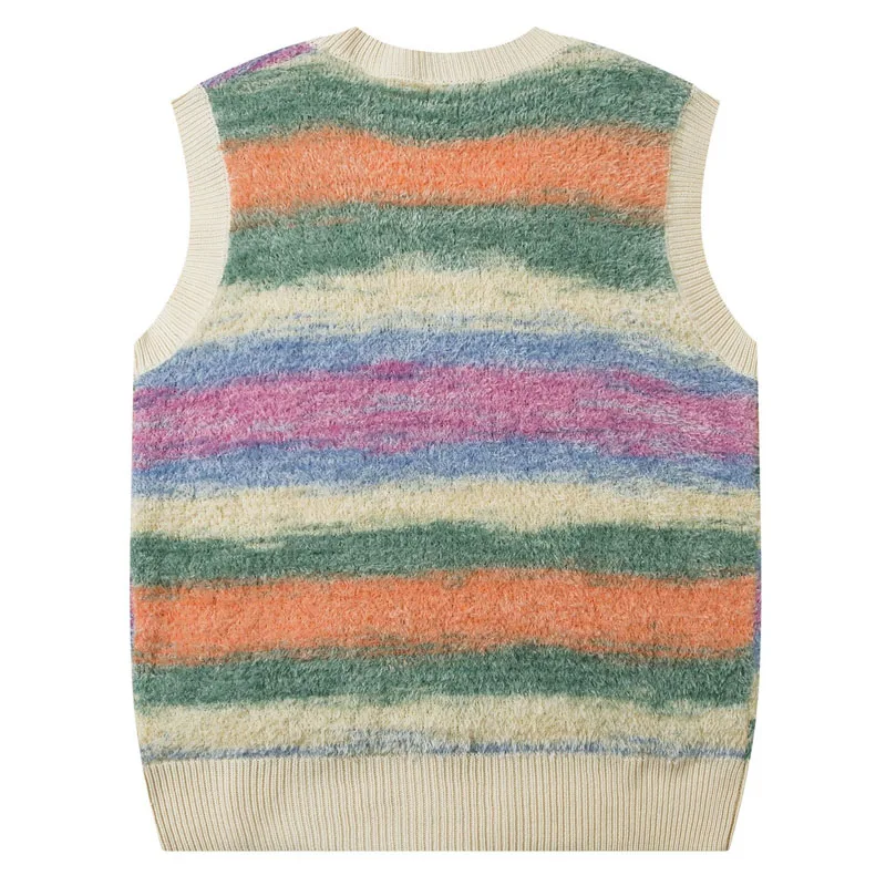 Harajuku Plush Sweater Vest Men Women Gradient Striped Loose Sleeveless V-neck Pullover Autumn Winter Korean Casual Sweaters New