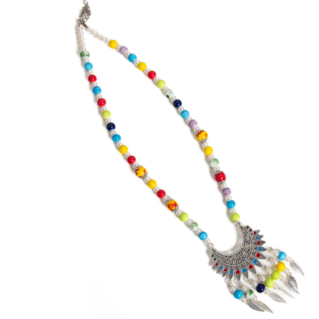 Handcrafted Multicolor Ceramic Bead Necklace with Alloy Peacock Feather Pendant Non Adjustable Bohemian Jewelry Can Also Be Worn