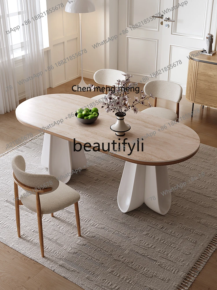 

French cream style oval rock slab dining table household small apartment new high-end dining table