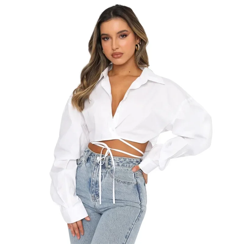 Trend Solid Color Loose Shirts Women Spring Autumn New Fashion Single Breasted Leace-up Short Shirts & Blouses Female Streetwear