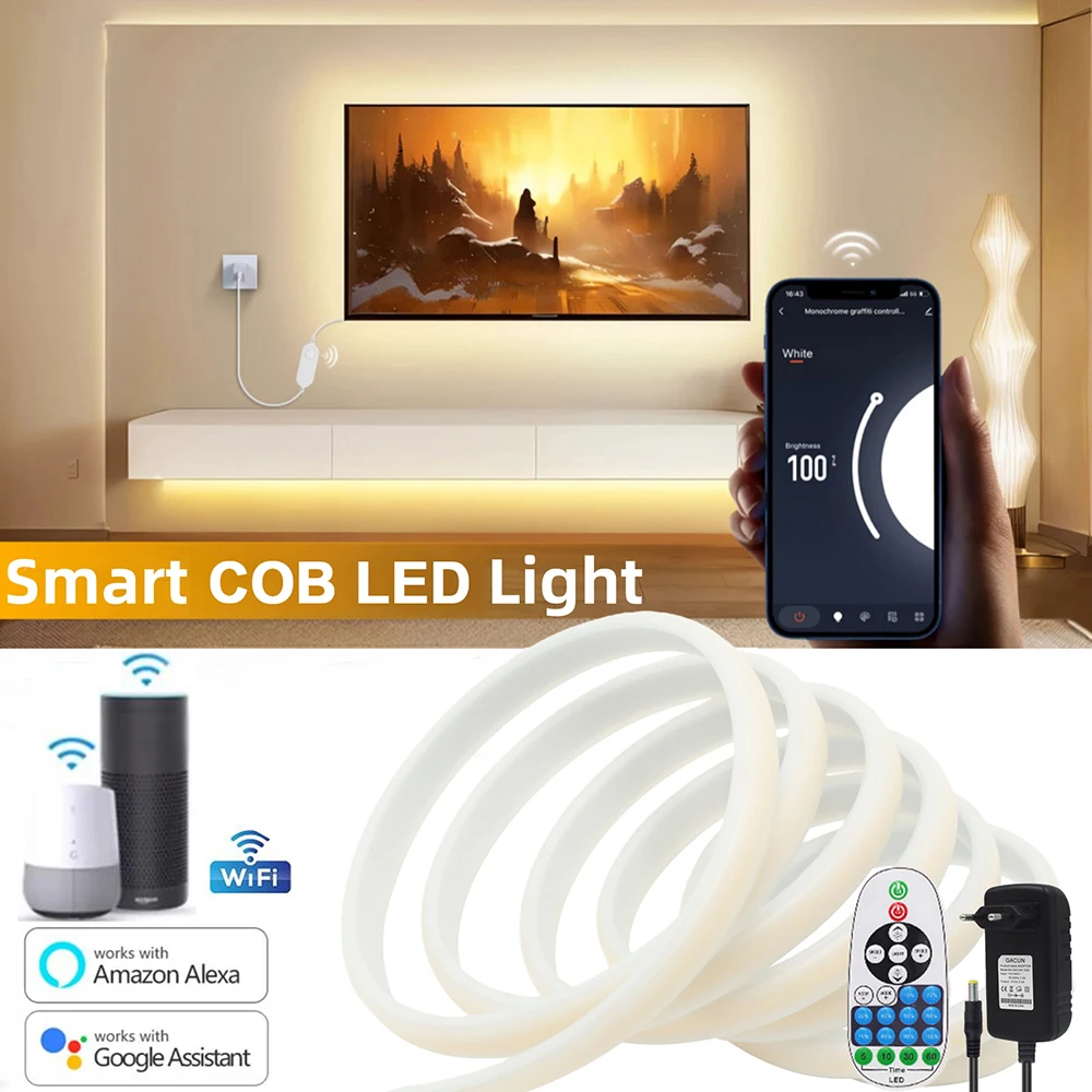 COB LED Strip Light Wifi Bluetooth Control 3000K 4000K 6000K Waterproof Flexible Hollow Tape 320LEDs 23Key Remote EU Power Kit