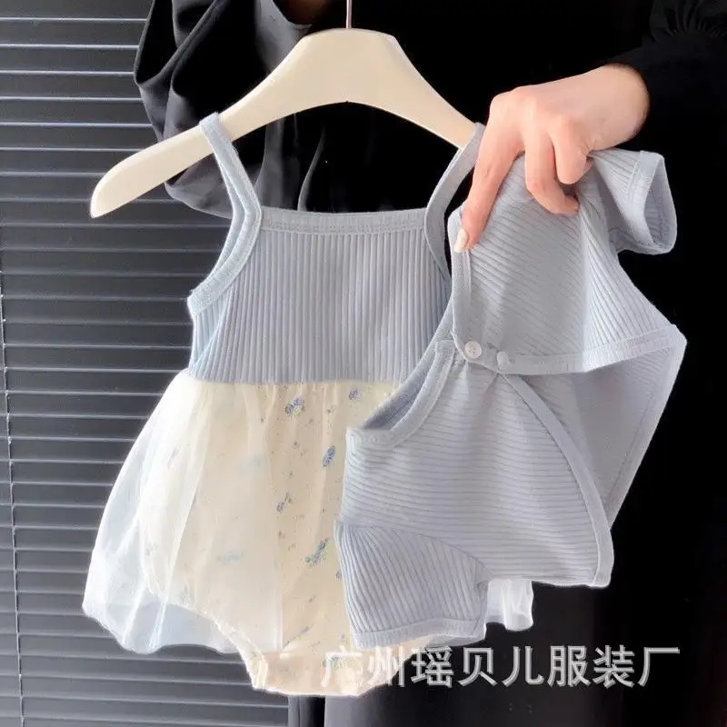 Baby Girl Onesie Summer Baby Foreign Cute Little Princess Super Fairy Mesh Yarn Suspender Fart Skirt Short Sleeve Set