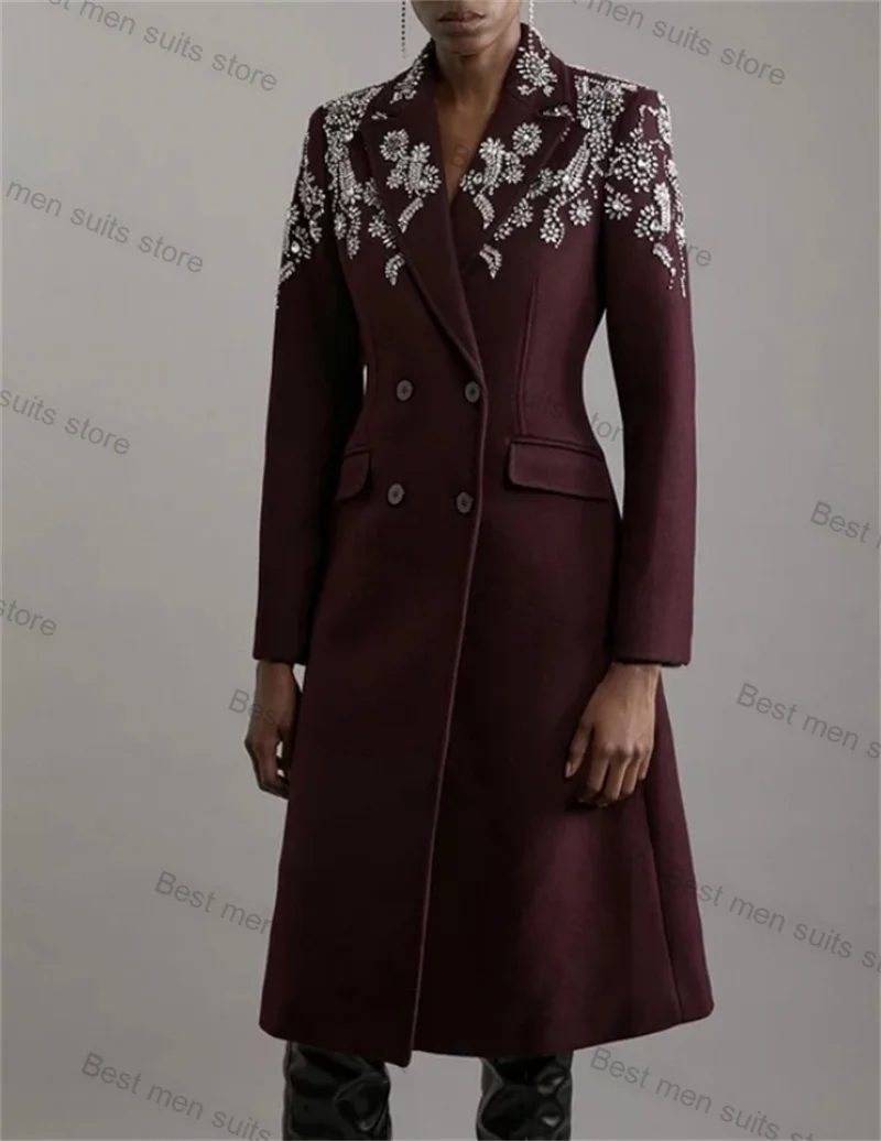 

Burgundy Cashmere Wool Women Suit 1 Piece Long Blazer Crystals Overcoat Formal Office Lady Jacket Customized Wedding Prom Dress