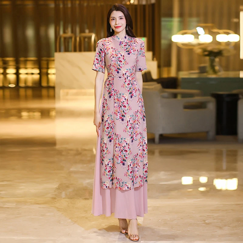 

New Women Summer Chinese Style Floral Dress Elegant Stand Collar Short Sleeve Slim Long Dress Fashion Flowing Ankle-Length Dress