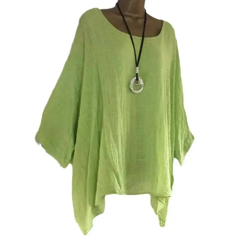 2024 النساء تي شيرت حجم كبير 5XL تي شيرت الكتان س الرقبة قميص فضفاض غير رسمي الصيف الخريف جديد الصلبة Batwing كم طويل