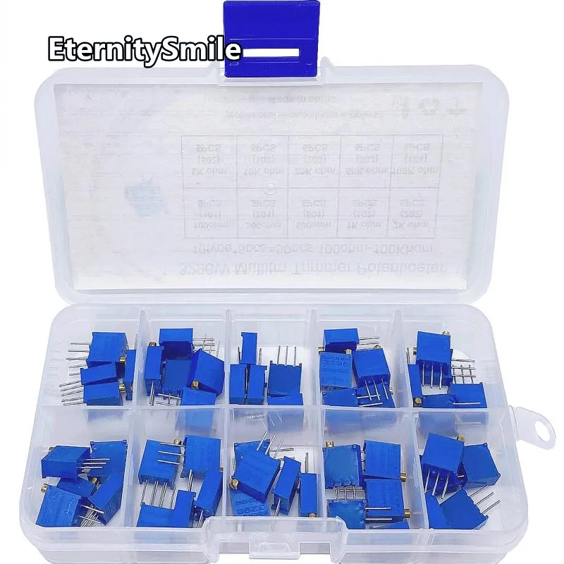 50PCS 3296W Multiturn Trimmer Potentiometer Kit High Precision 3296 Variable Resistor 500R 1/2/5/10/20/50/100K 100/200/500Ohm
