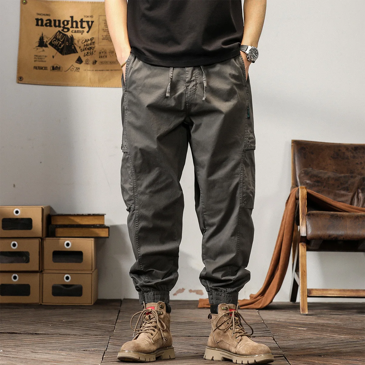 Japanese Style Spring Autumn Fashion Men's Solid Color Plus Size Loose Casual Trendy Spliced Cargo Trousers Male Pants Clothes
