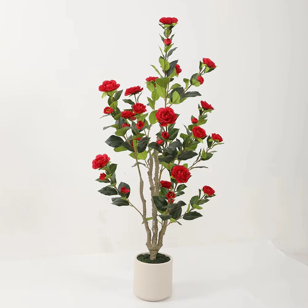 

Factory Wholesale Realistic Artificial Blooming Camellia Flower Plants Tree for Indoor Home Wedding Decor