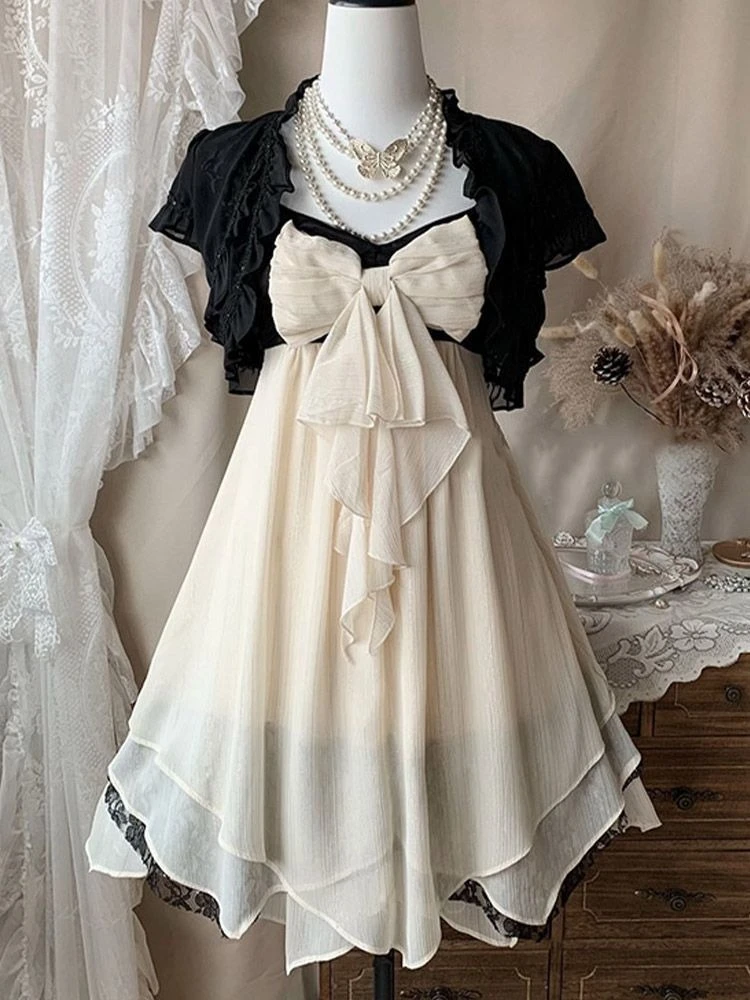 Japanese New Vintage Elegant 2 Piece Set Women Black Cardigan + Strap Dress Harajuku Fashion 2000s Aesthetic Retro Outfits 2026