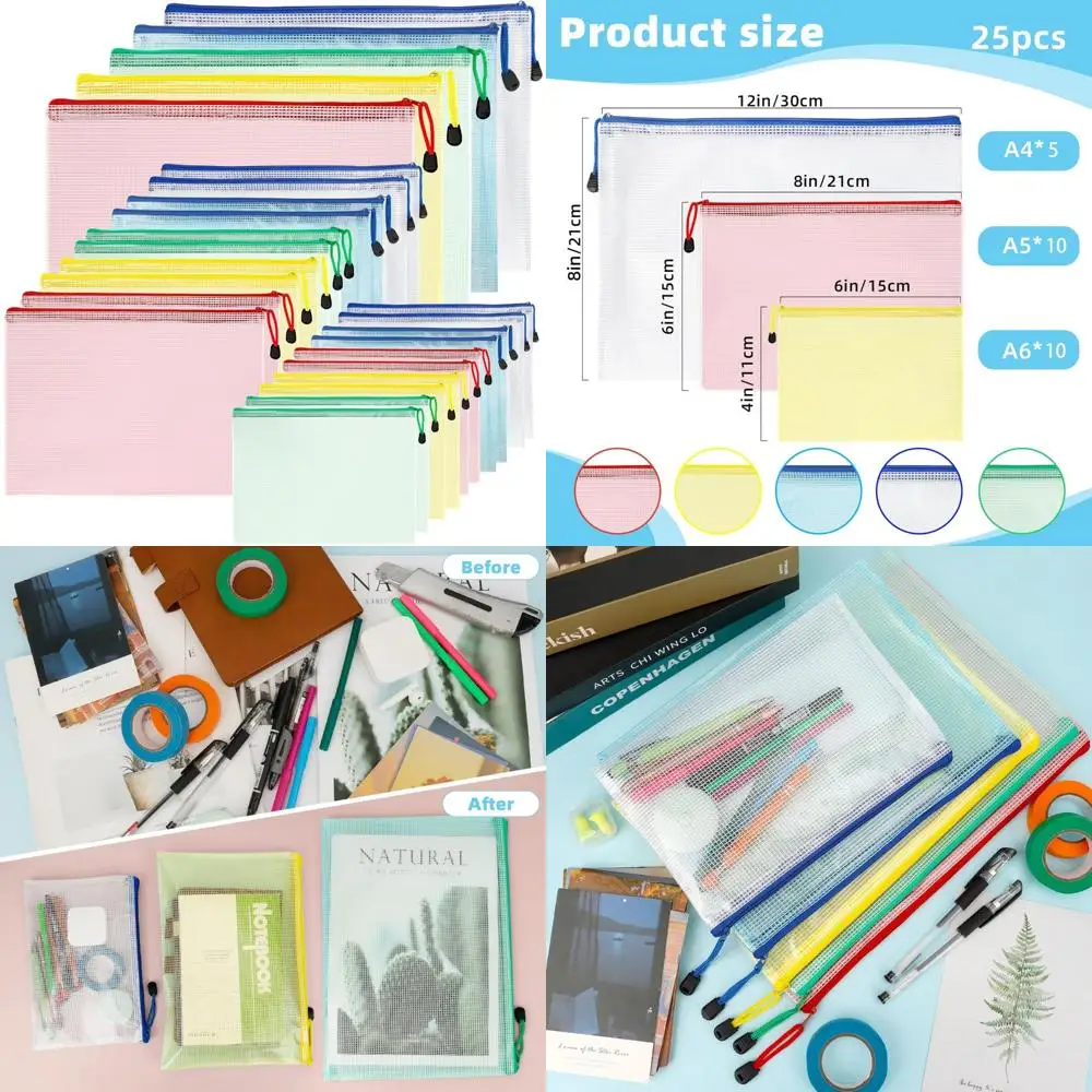 

Mesh Zipper Pouch Bags, 25 PCS Waterproof Zipper Pouch 5 Colors Plastic Zippers Bags Clear Mesh Storage Pouches Assorted Colors