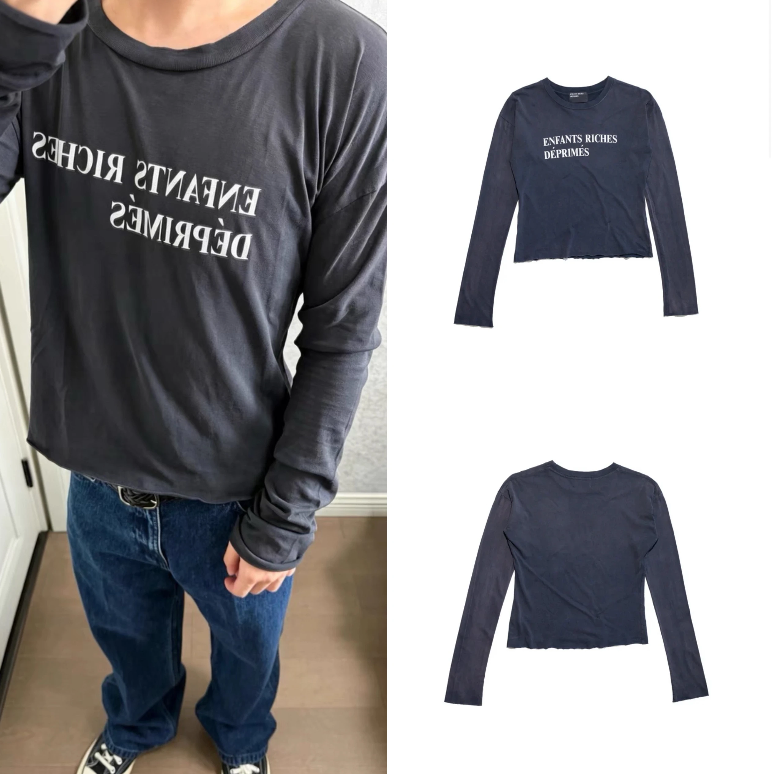 Retro Distressed Letter Print Long Sleeve T-shirt Casual Base Shirt for Men Autumn Season Cotton 100% Youth Fashion